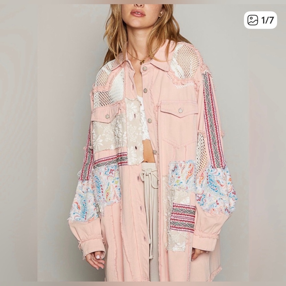 POL Pink Jacket Shacket Artsy Patchwork Embroidery Rare Long Shirt Girly Boho, L